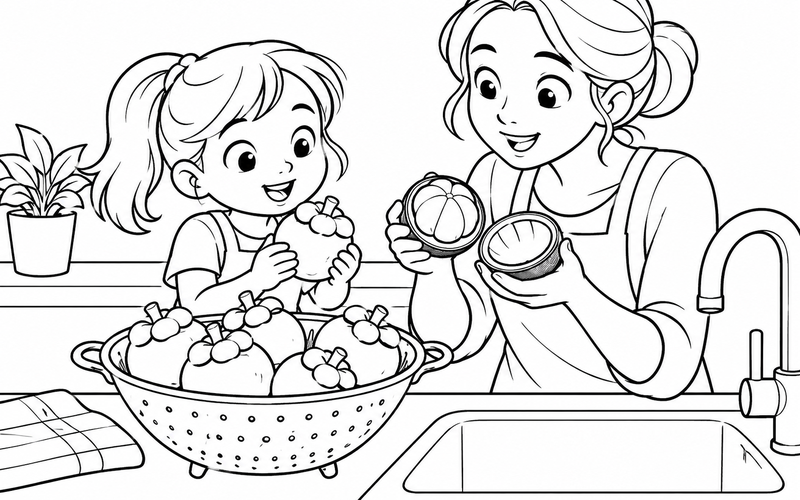 Tranh tô màu rổ măng cụt bên bồn rửa nhà bếp