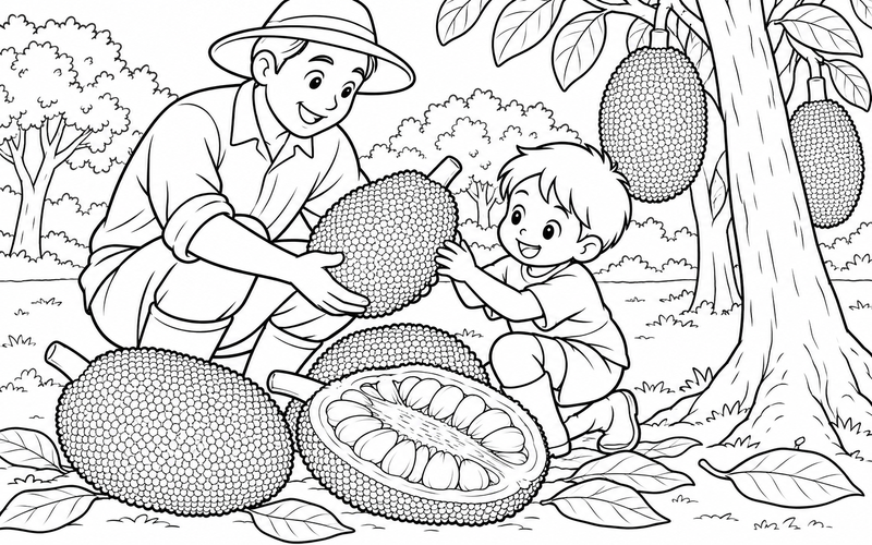 Tranh tô màu người lớn cùng bé xem mít vừa thu hoạch