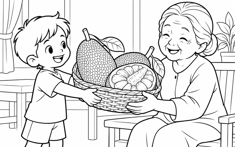 Tranh tô màu bé tặng giỏ mít cho bà