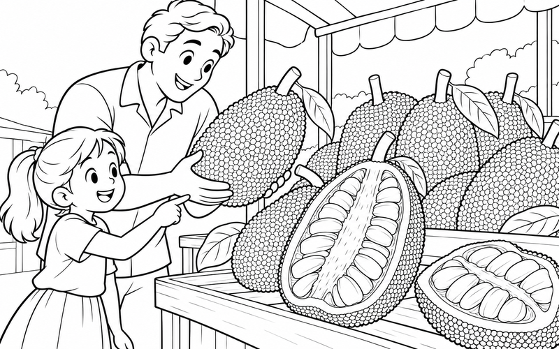 Tranh tô màu bé cùng người lớn chọn mít tại quầy