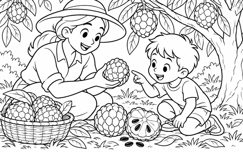 Tranh tô màu người lớn cùng bé xem na vừa thu hoạch