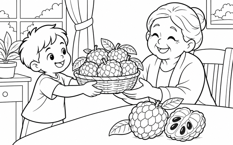 Tranh tô màu bé tặng giỏ na cho ông bà