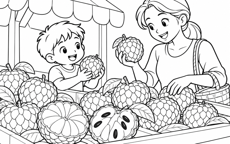 Tranh tô màu bé cùng người lớn chọn na ở chợ