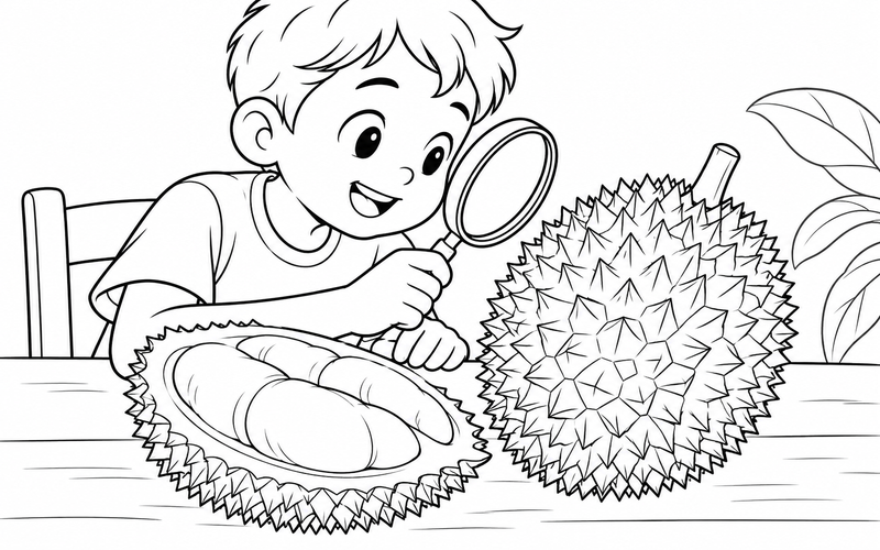 Tranh tô màu bé quan sát quả sầu riêng bằng kính lúp