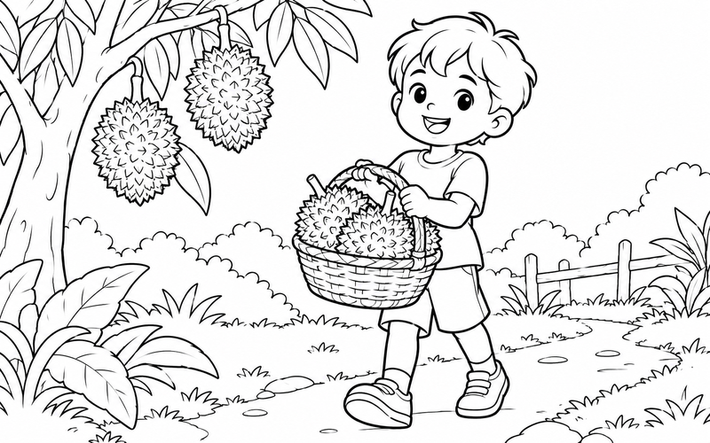 Tranh tô màu bé mang giỏ sầu riêng trong vườn