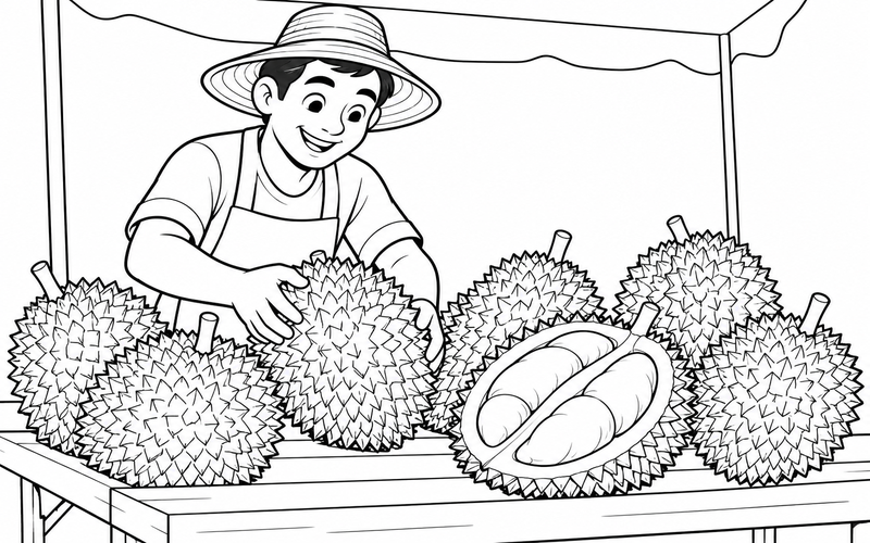 Tranh tô màu người bán sắp sầu riêng ở quầy trái cây