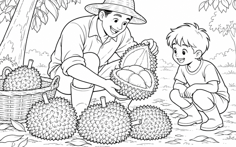 Tranh tô màu người lớn cùng bé xem sầu riêng vừa thu hoạch
