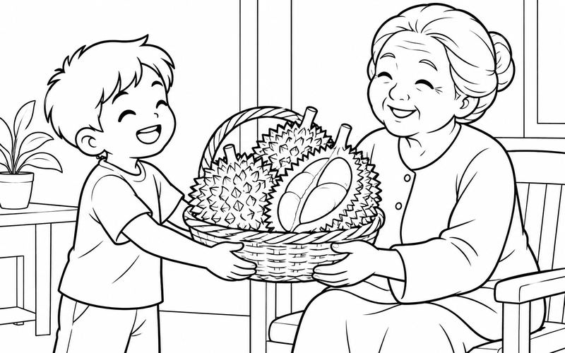 Tranh tô màu bé tặng giỏ sầu riêng cho ông bà