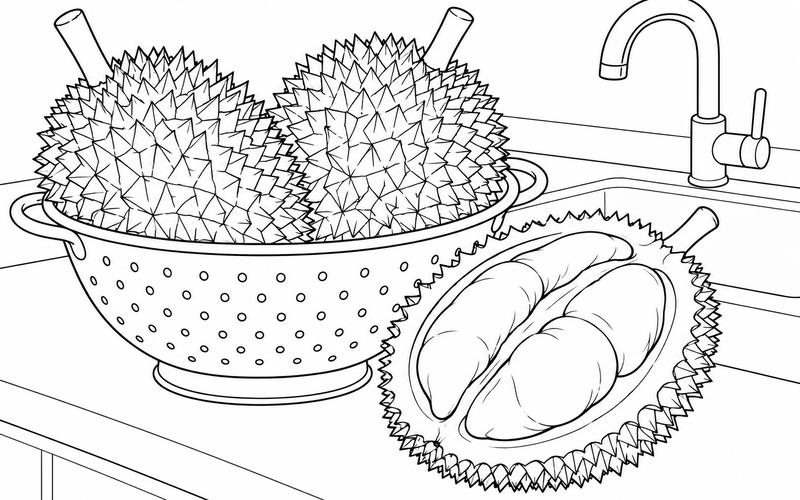 Tranh tô màu rổ sầu riêng bên bồn rửa nhà bếp