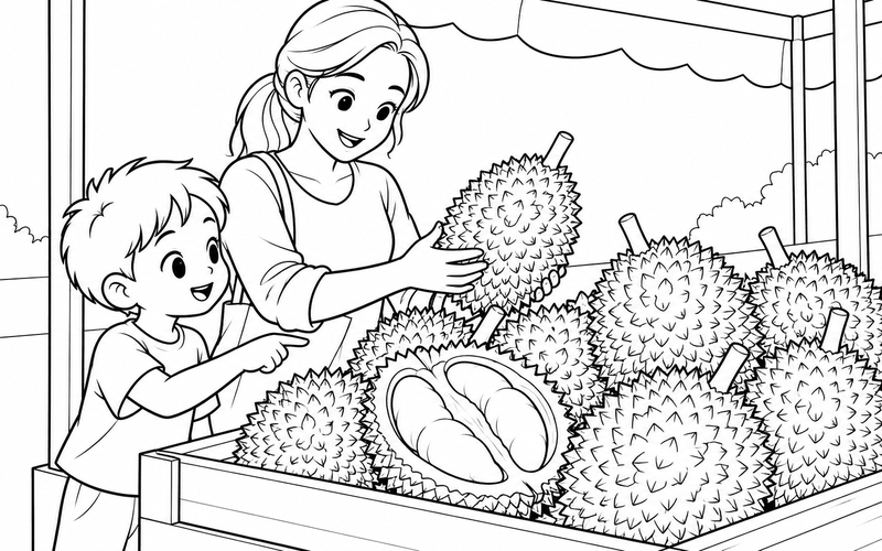 Tranh tô màu bé cùng người lớn chọn sầu riêng ở chợ
