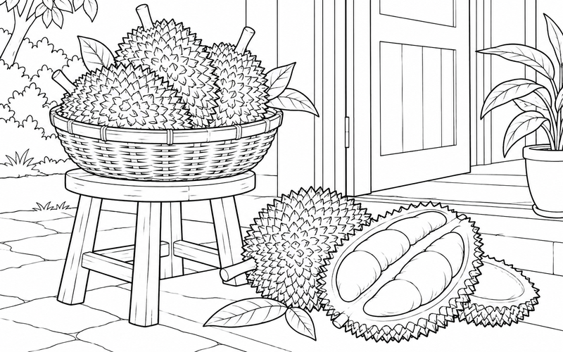 Tranh tô màu giỏ sầu riêng tại cửa nhà vườn
