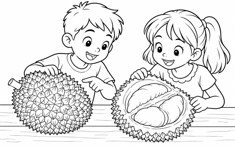 Tranh tô màu hai bạn nhỏ cùng quan sát quả sầu riêng
