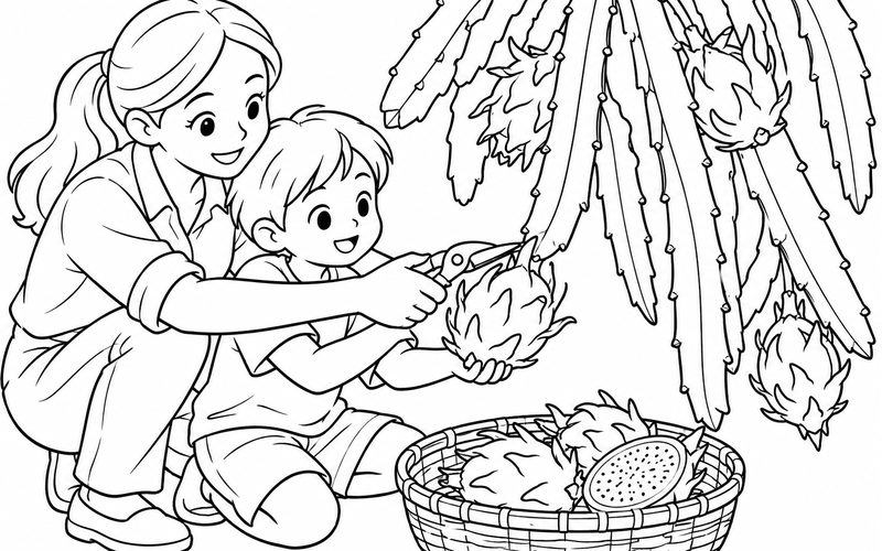 Tranh tô màu người lớn cùng bé hái thanh long