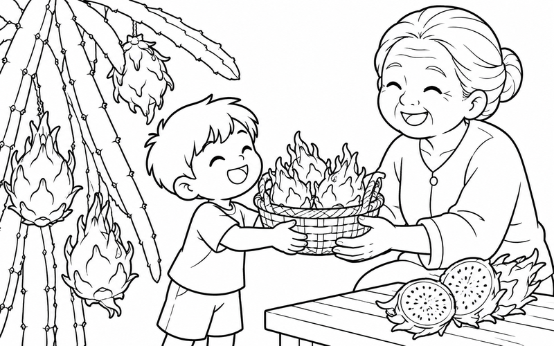 Tranh tô màu bé tặng giỏ thanh long cho bà