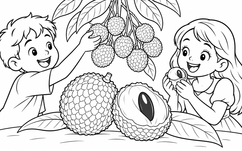 Tranh tô màu quả vải nguyên và phần quả đã mở