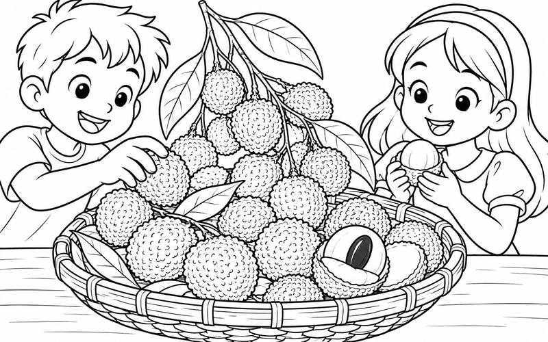 Tranh tô màu giỏ vải mới hái