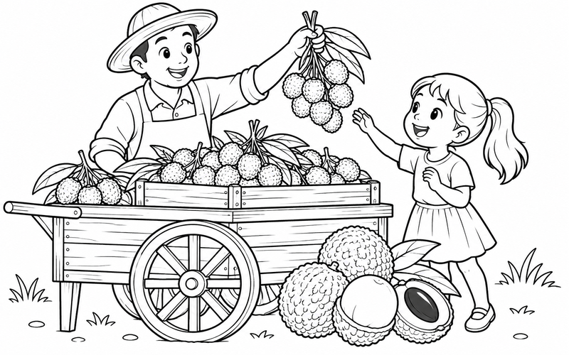 Tranh tô màu xe đẩy gỗ chở vải