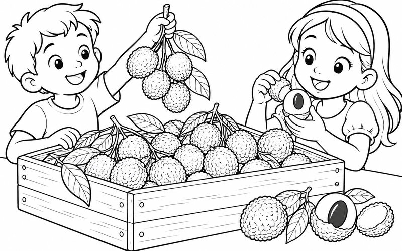 Tranh tô màu thùng gỗ đựng quả vải