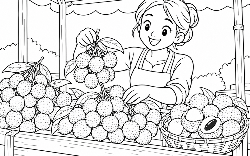 Tranh tô màu người bán sắp vải ở quầy trái cây