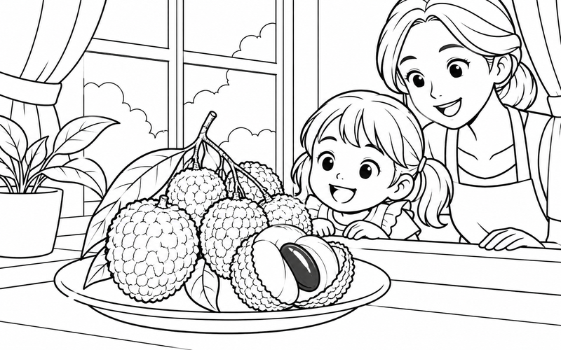 Tranh tô màu quả vải bên cửa sổ