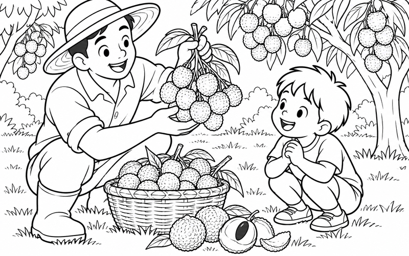 Tranh tô màu người lớn cùng bé xem vải vừa thu hoạch