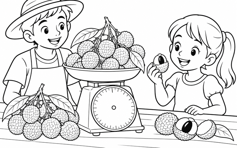 Tranh tô màu quả vải trên chiếc cân