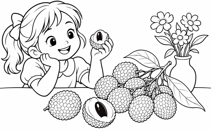 Tranh tô màu quả vải bên bình hoa nhỏ