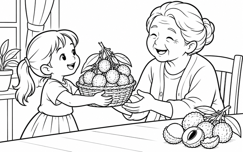 Tranh tô màu bé tặng giỏ vải cho ông bà