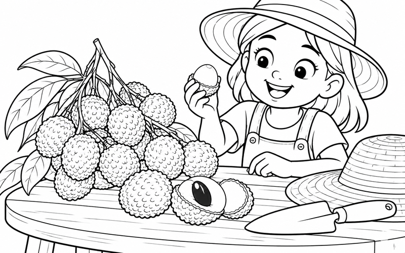 Tranh tô màu quả vải bên mũ làm vườn và dụng cụ
