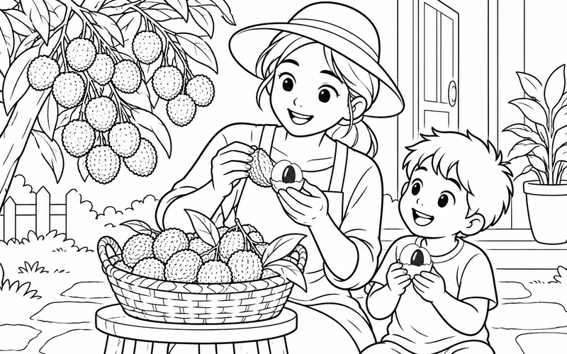 Tranh tô màu giỏ vải tại cửa nhà vườn