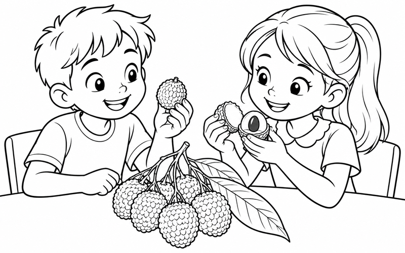 Tranh tô màu hai bạn nhỏ cùng quan sát quả vải