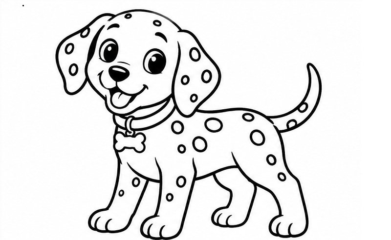 Tranh tô màu chó đốm Dalmatian đứng bốn chân, đeo vòng cổ hình xương
