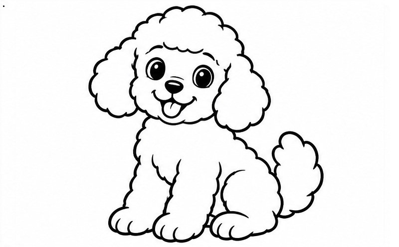 Tranh tô màu chó Poodle lông xoăn ngồi ngoan với đôi tai bông xù