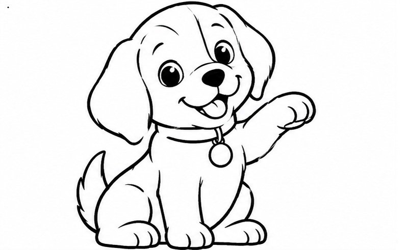 Tranh tô màu chó con tai cụp ngồi giơ một chân trước chào bé, đeo vòng cổ có mặt dây chuyền tròn và mỉm cười đáng yêu