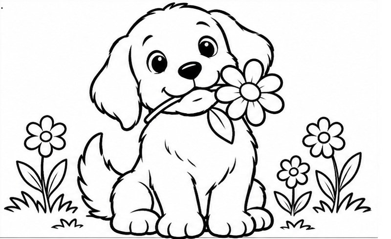 Hình tô màu chó con ngậm bông hoa giữa khu vườn đầy hoa nhỏ