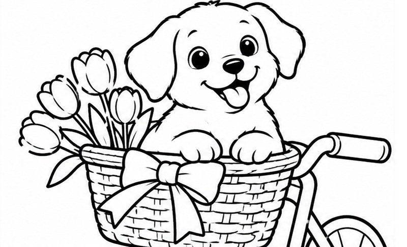 Tranh tô màu chó con ngồi trong giỏ xe đạp bên những bông hoa tulip
