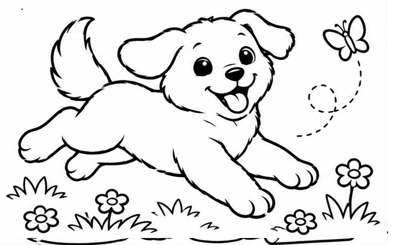 Hình tô màu chó con chạy đuổi theo bướm giữa vườn hoa