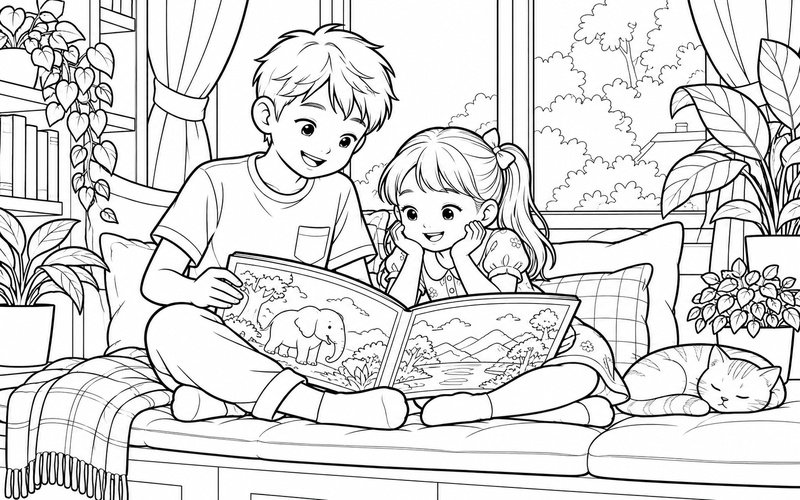 Tranh tô màu anh trai và em gái đọc sách bên cửa sổ