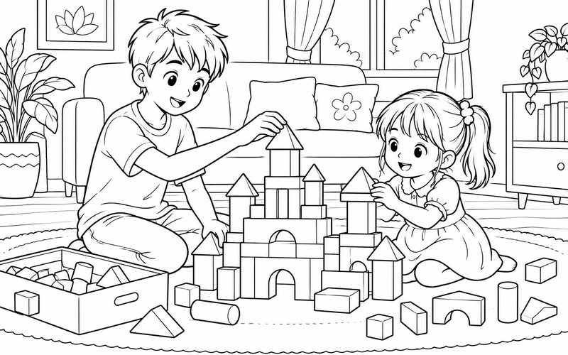 Tranh tô màu anh trai và em gái chơi xếp hình trên thảm