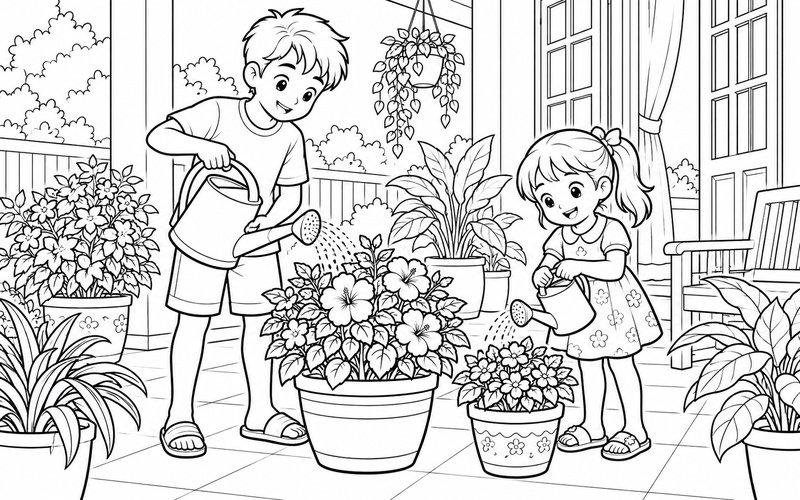 Tranh tô màu anh trai và em gái tưới cây trên sân hiên
