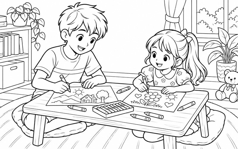 Tranh tô màu anh trai và em gái vẽ tranh tại bàn nhỏ
