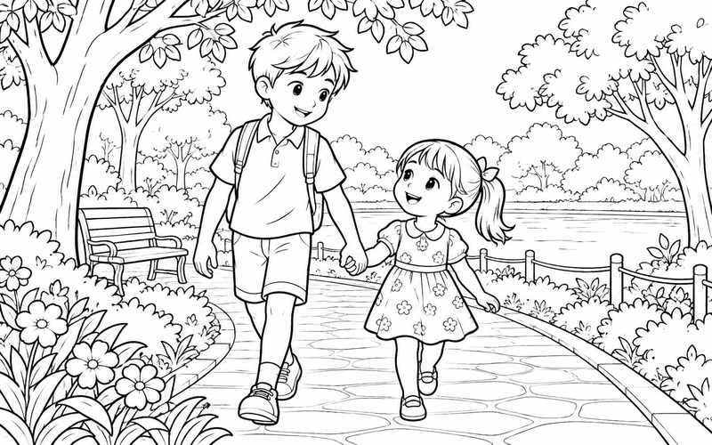 Tranh tô màu anh trai và em gái dạo bước dưới hàng cây