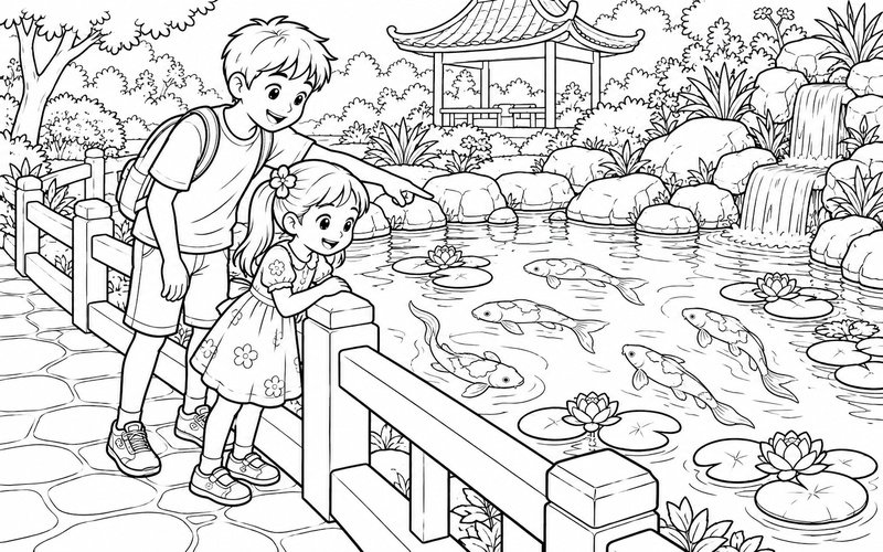 Tranh tô màu anh trai và em gái ngồi ngắm cá trong hồ