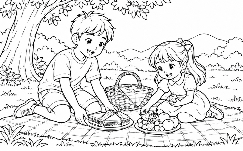 Tranh tô màu anh trai và em gái chuẩn bị bữa ăn ngoài trời