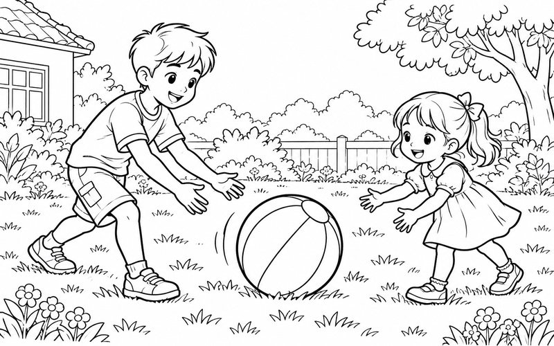 Tranh tô màu anh trai và em gái chơi bóng trên bãi cỏ