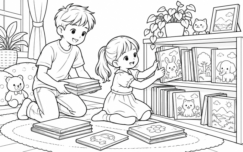 Tranh tô màu anh trai và em gái xếp sách vào kệ