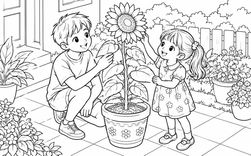 Tranh tô màu anh trai và em gái chăm sóc chậu hoa hướng dương