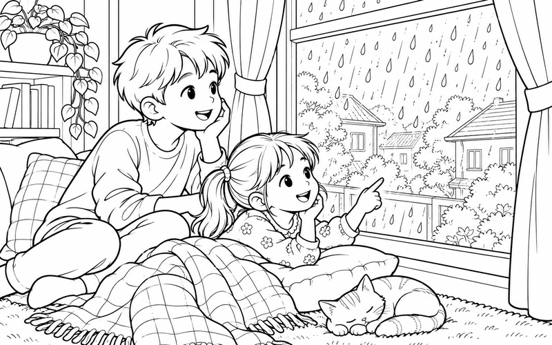 Tranh tô màu anh trai và em gái ngắm mưa qua cửa sổ