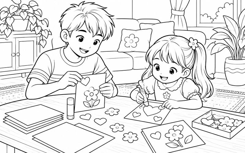 Tranh tô màu anh trai và em gái làm thiệp từ giấy màu