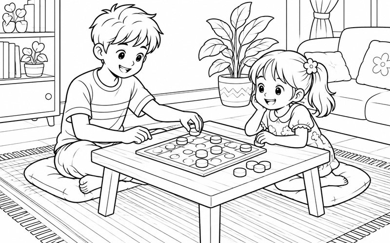 Tranh tô màu anh trai và em gái chơi cờ trên bàn thấp